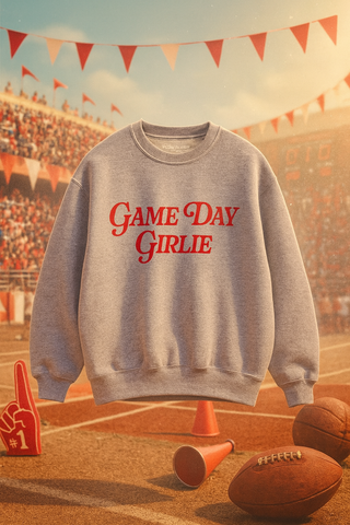 Gray sweatshirt with 'GAME DAY GIRLIE' puffy text in red for football season
