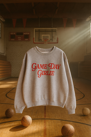 Gray sweatshirt with 'GAME DAY GIRLIE' puffy text in red for football season